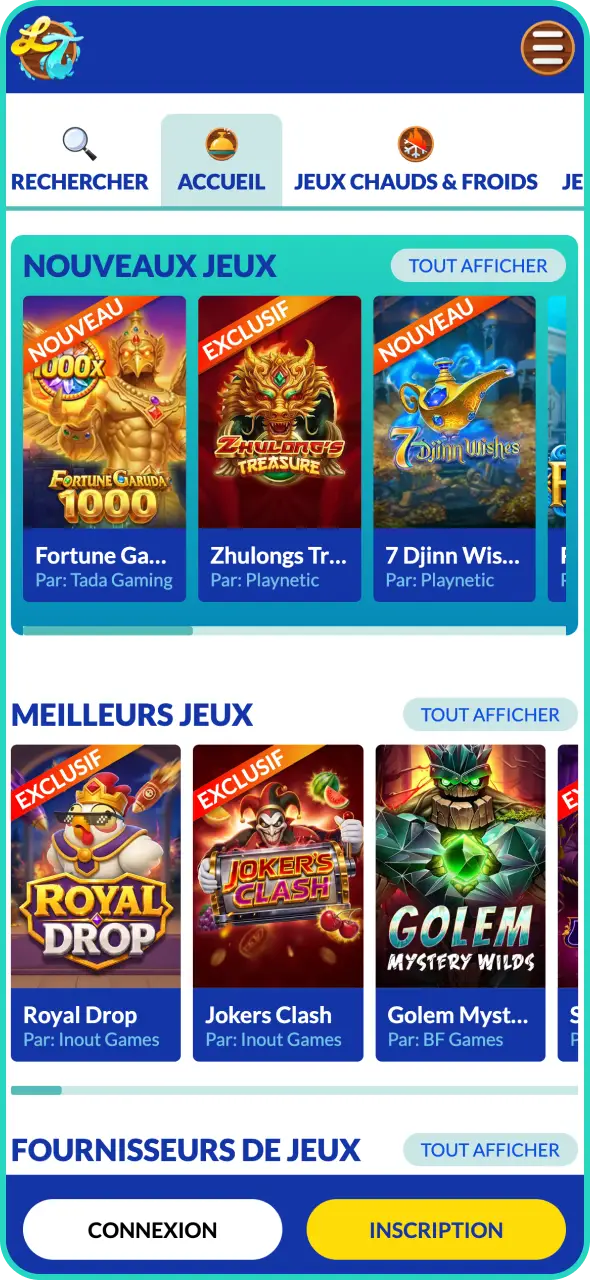 Explorez la sélection complète de jeux disponible sur l'interface mobile Lucky Treasure.