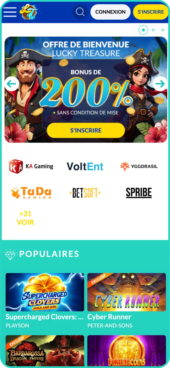 Découvrez l'interface principale intuitive et facile à naviguer de l'application Lucky Treasure.