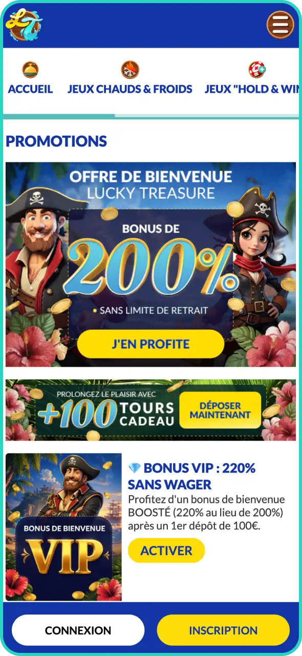 Consultez l'interface dédiée aux promotions pour profiter de toutes les offres sur l'application Lucky Treasure.