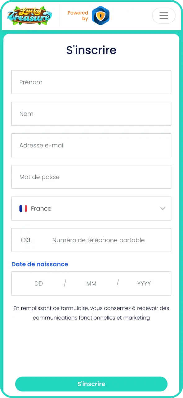 Découvrez l'interface pour s'inscrire facilement depuis l'application mobile Lucky Treasure.