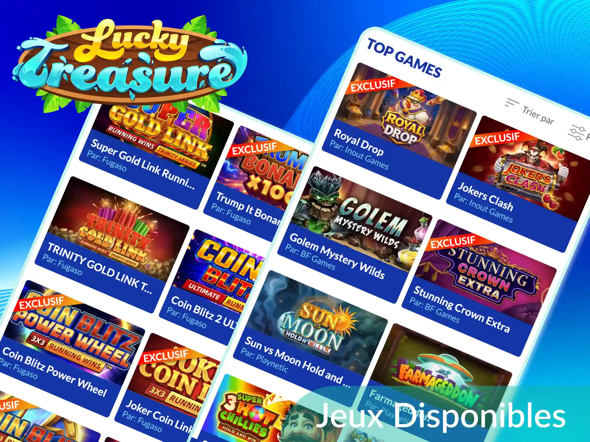 Explorez la sélection complète de jeux disponibles sur mobile avec des machines à sous, de la roulette, des jeux de crash et plus.