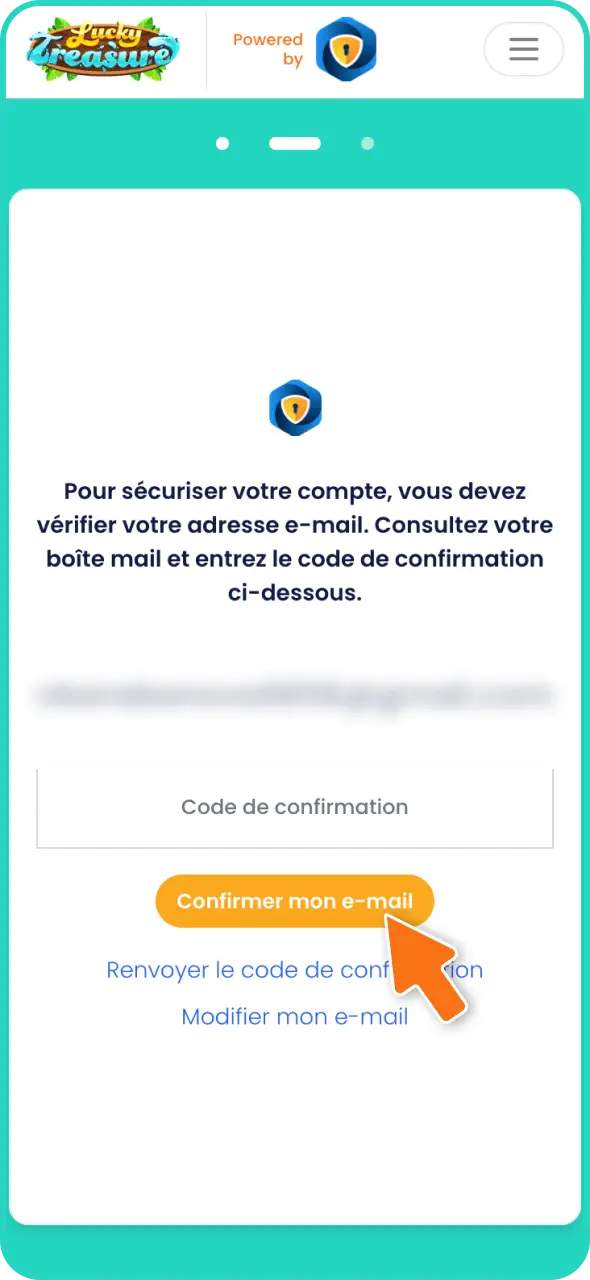 Effectuez la validation du compte Lucky Treasure pour sécuriser l'accès à vos transactions.