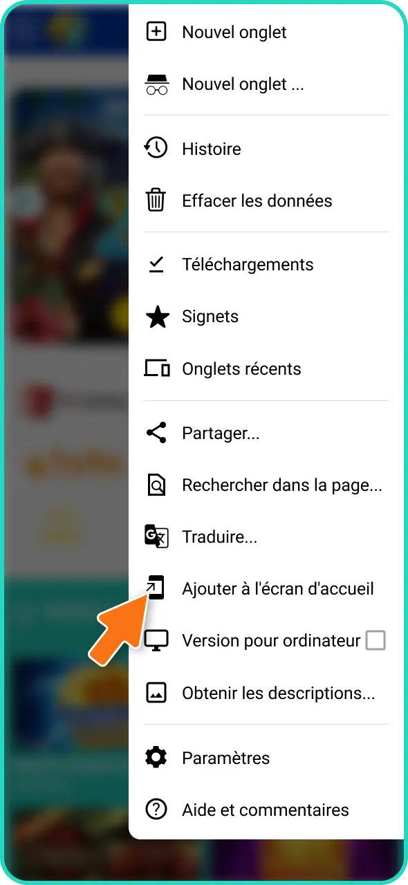 Ajoutez le site à l'écran d'accueil pour installer le raccourci de Lucky Treasure sur votre téléphone.